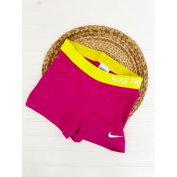 Nike Pro Core Compression Womens Dri- Fit Shorts 3 inch Pink Yellow M - Picture 1 of 4